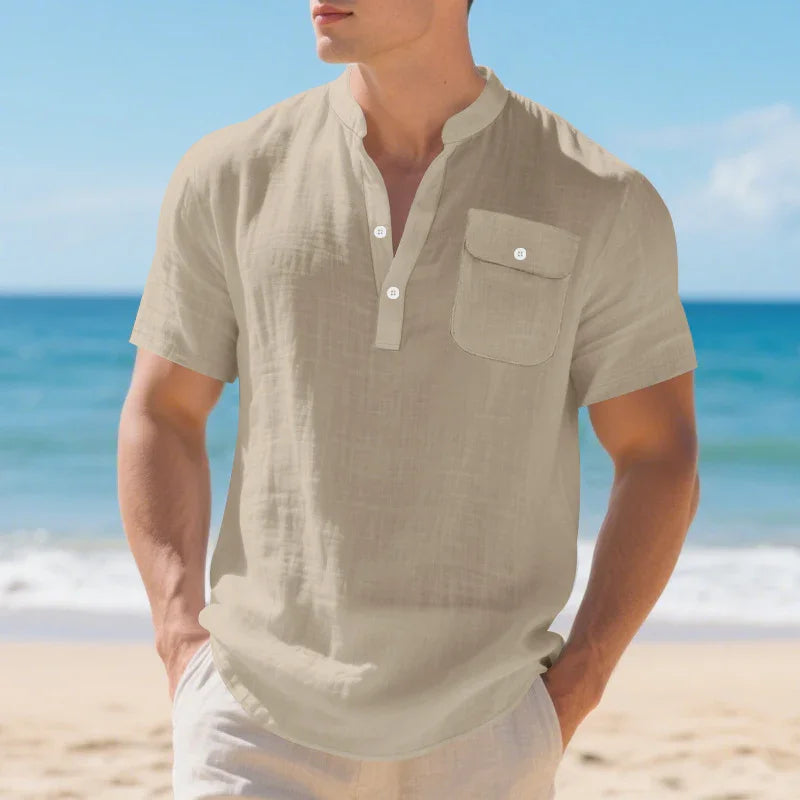 CASUAL MEN'S SHIRT - HIGH COLLAR - LINEN BLEND - OLD MOEY