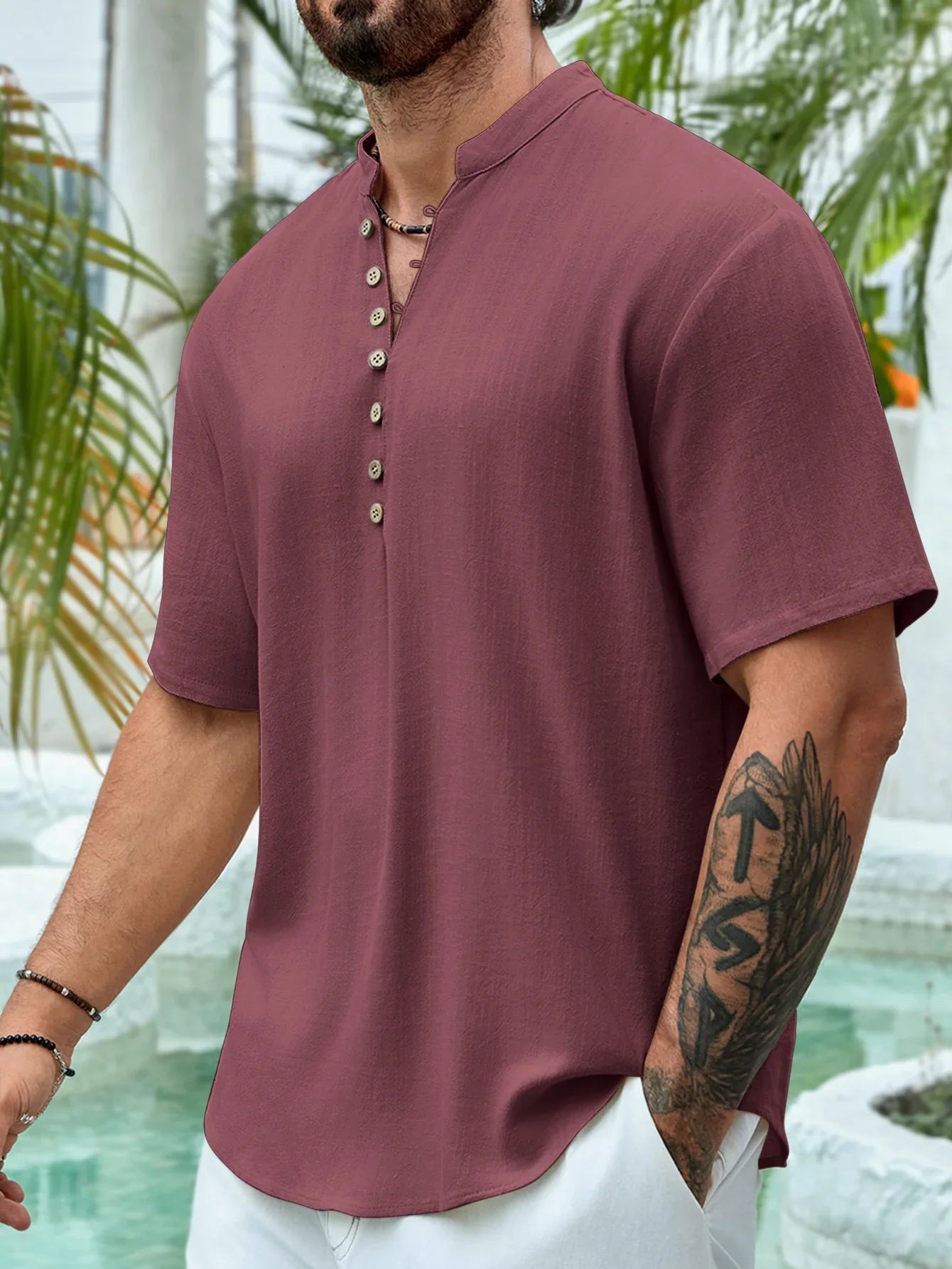 CASUAL MEN'S SHIRT - COTTON & LINEN - V-NECK - OLD MOEY