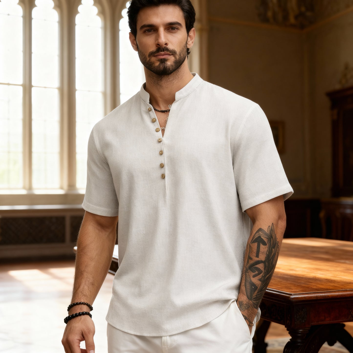 V-NECK COTTON & LINEN SHIRT
