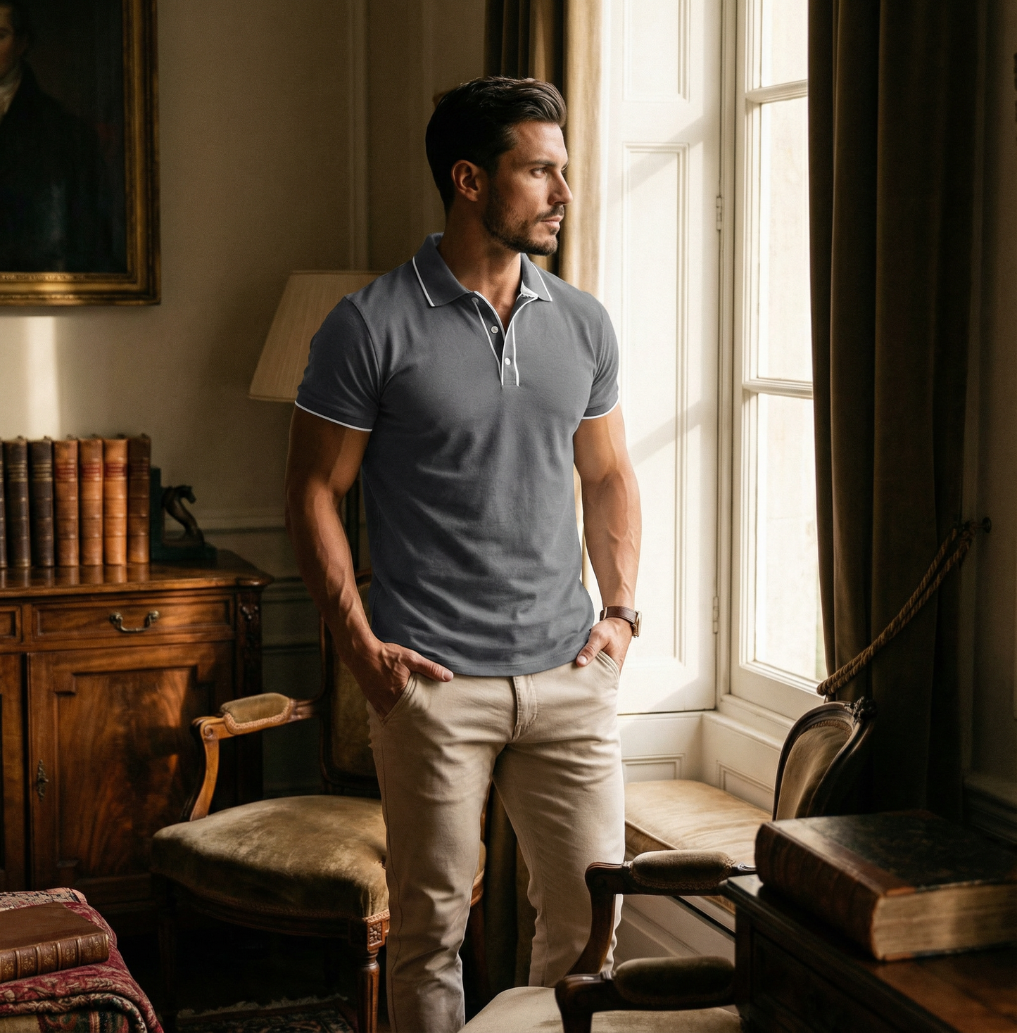 CAMISA MASCULINA ESTILO EUROPEU - LAPELA JACQUARD