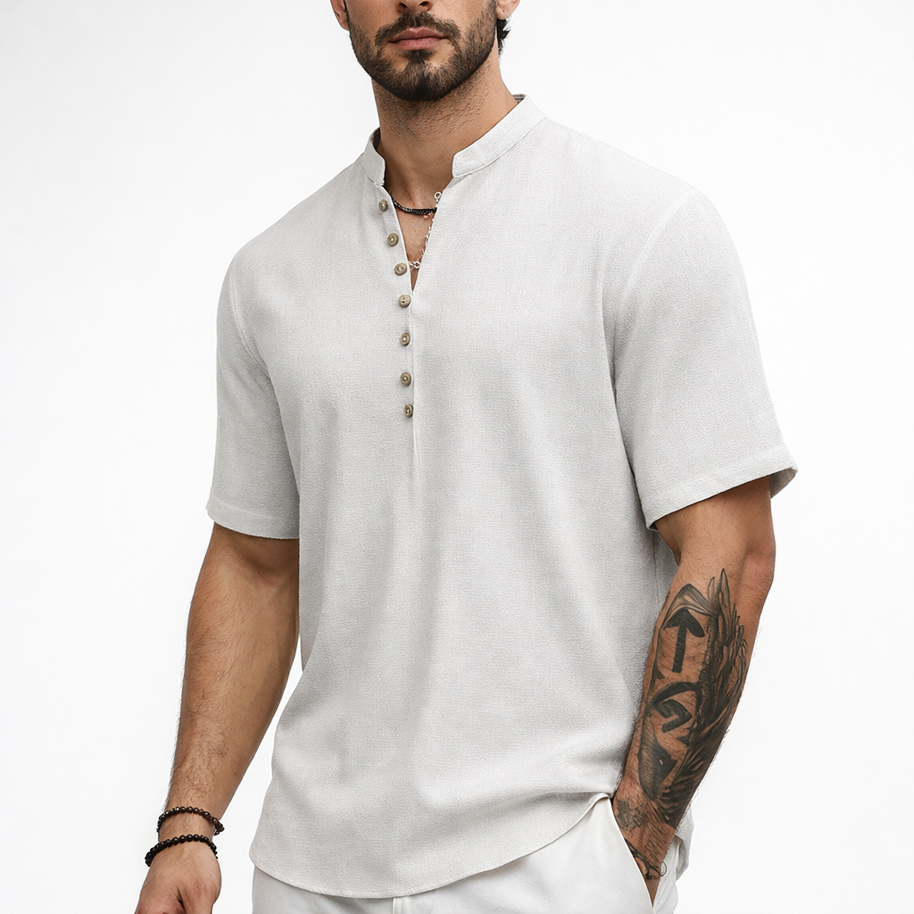 V-NECK COTTON & LINEN SHIRT