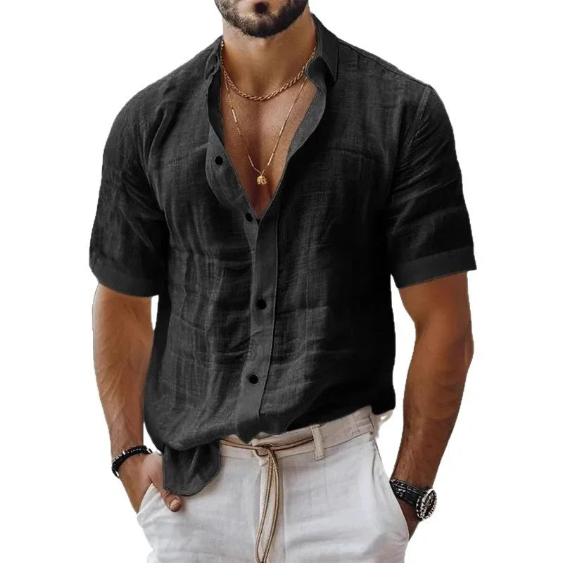 MEN'S SUMMER LINEN SHIRT SHORT SLEEVE CASUAL - OLD MOEY